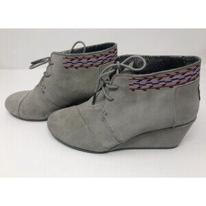 Toms Kala Lace Up Wedge Booties Grey Women Size 10 Aztec Leather Suede Boots